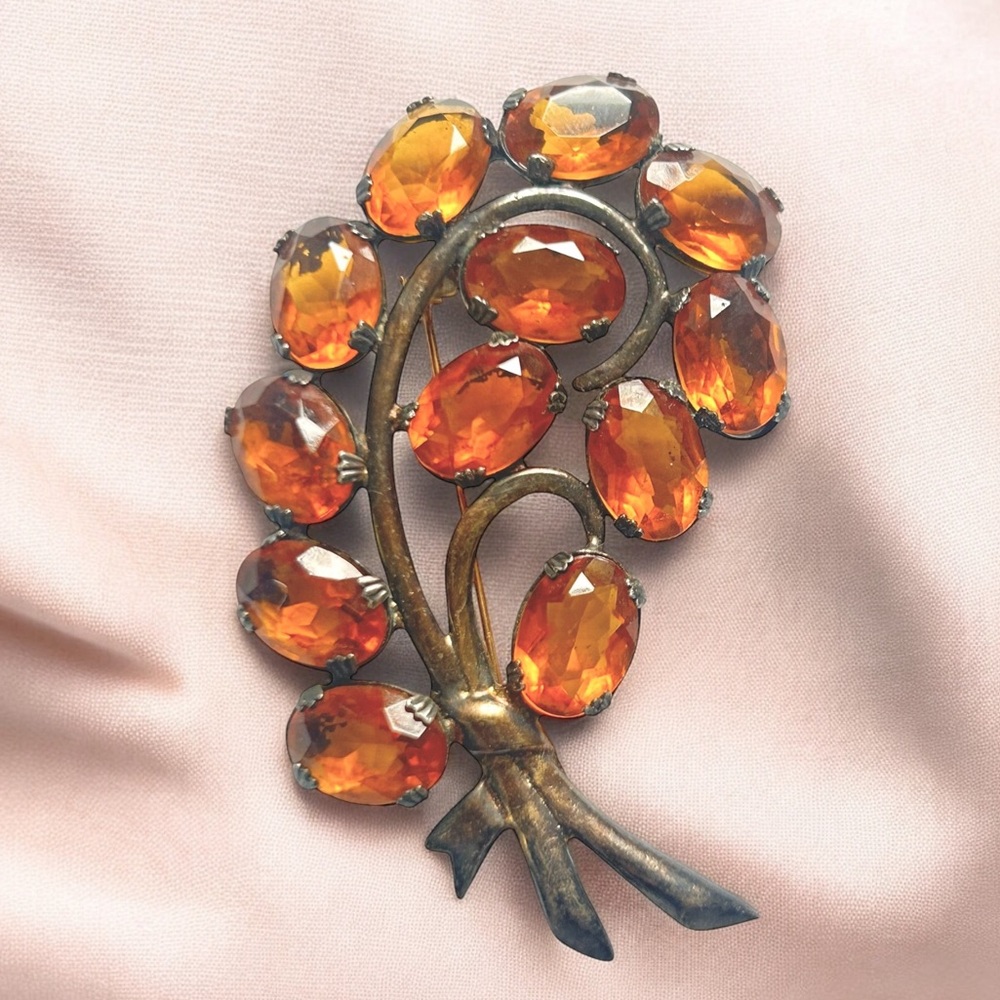 Vtg 3" 925 Sterling Silver Orange Citrine Glass Flower Bouquet Pin Brooch